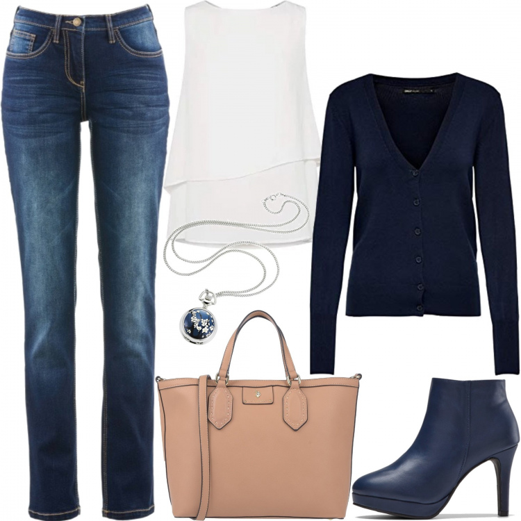 Outfit donna - Blu e jeans. Stile Basic per Ufficio. Abbinamento con jeans dritti, stivaletti, collane, borse a mano, t-shirt, cardigans.