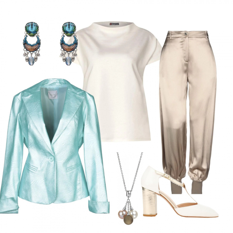 Outfit femme - Rendez-vous. Style Tendance pour Soirée dehors. Assortir avec pantalon , t-shirts et polos, blazers, chaussures à talon, boucles d'oreilles, colliers.