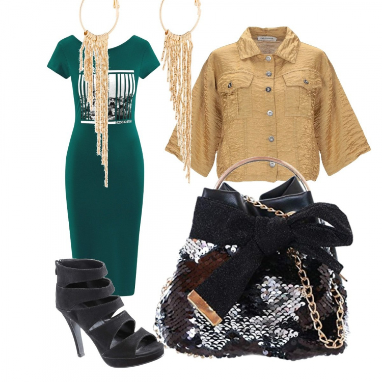 Outfit donna - Urban #6035. Stile Urban per Ufficio. Abbinamento con sandali col tacco, orecchini, giubbotto, vestito longuette/midi, borse a spalla.