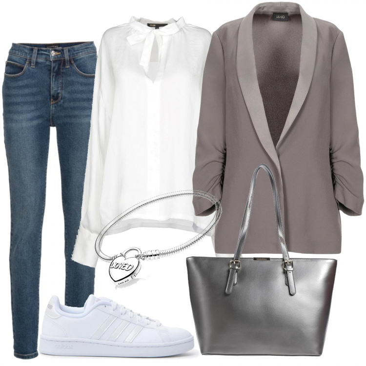 Outfit donna - In centro. Stile Basic per Tutti i giorni. Abbinamento con jeans skinny, blusa con fiocco a maniche lunghe in raso tinta unita, giacca, borse a spalla, sneakers, braccialetti.