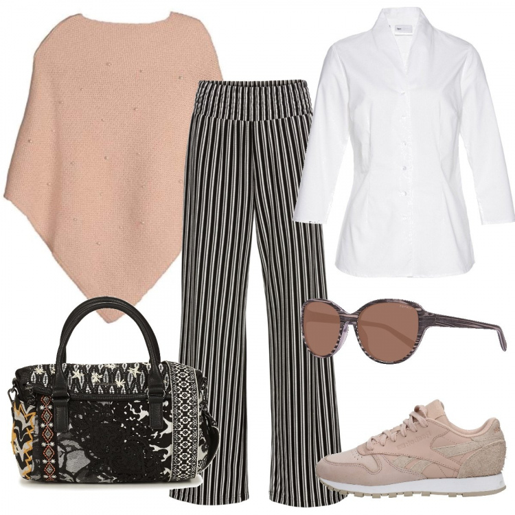 Outfit donna - Righe verticali. Stile Basic per Tutti i giorni. Abbinamento con camicie, maglione, sneakers, borsa a mano, cappotti, occhiali da sole.