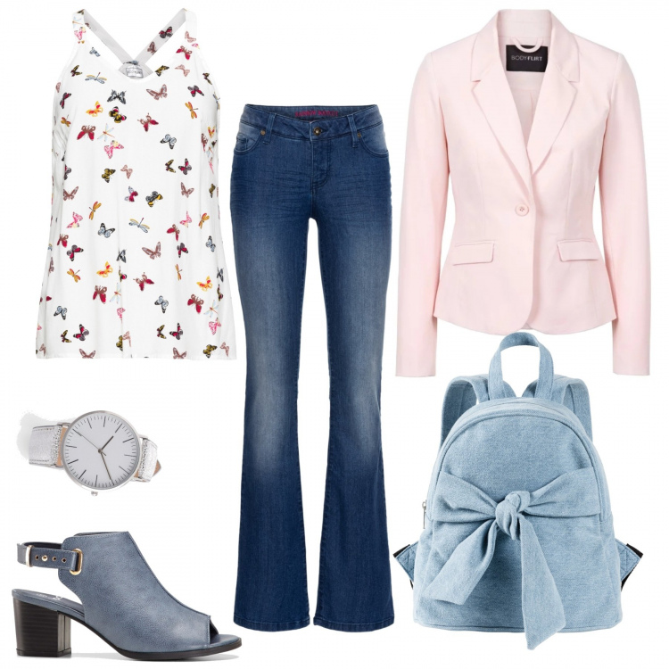 Outfit donna - Tutto bonprix. Stile Bon Ton per Tutti i giorni. Abbinamento con top, jeans bootcut, blazer, zaini, sandali col tacco, orologio.