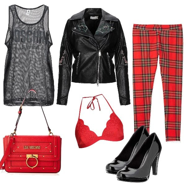 Outfit mujer - Punk inspiration. Estilo Rock para Noche/Fiesta elegante. Combinación con leggings, zapatos de tacón nero, bolso shopper, camiseta sin mangas, sujetadores, giacca.