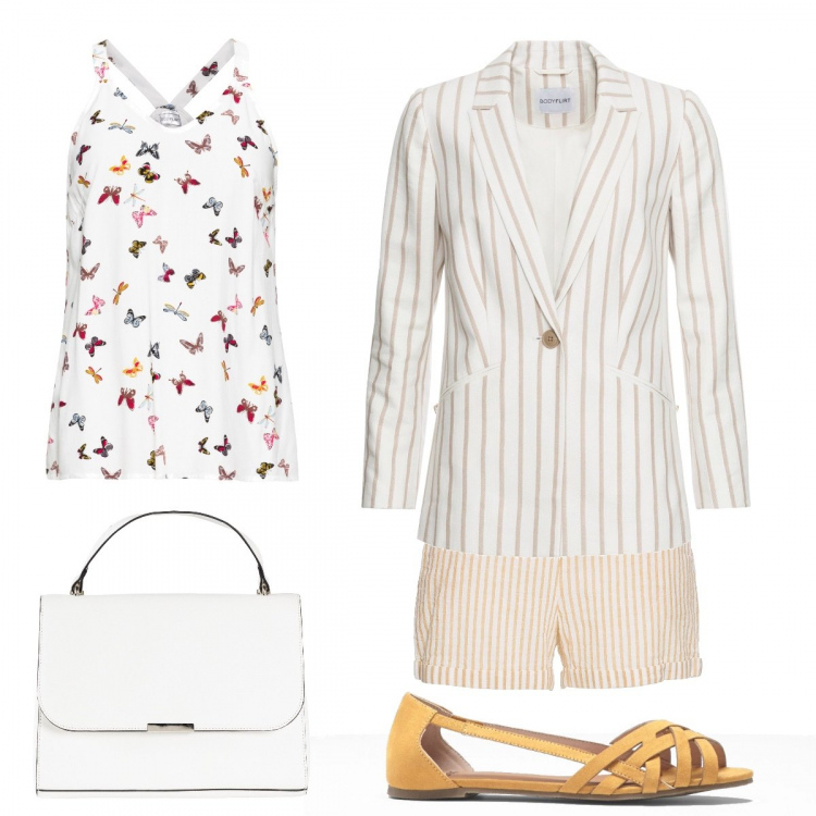 Outfit donna - Elegante in corto...righe...in giallo. Stile Trendy per Tutti i giorni. Abbinamento con top, ballerine, blazer, shorts giallo, borsa.