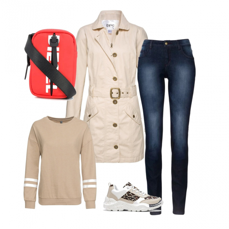 Outfit donna - Total look #468214. Abbinamento con jeans skinny, trench, sneakers, felpa oversize marrone, clutch.