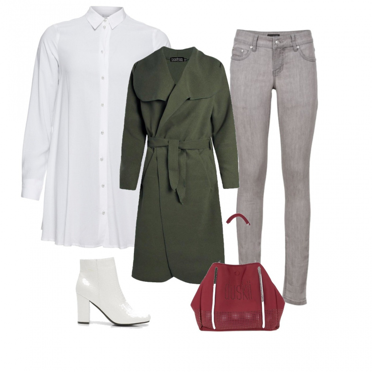 Outfit donna - Total look #468259. Abbinamento con camicie, jeans skinny, cappotto, tronchetti effetto vernice con tacco largo bianco, borse tote.