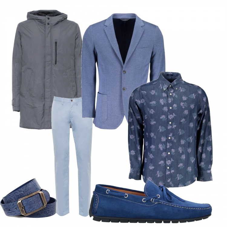 Outfit uomo - Business/Elegante #981. Stile Business/Elegante per Ufficio. Abbinamento con mocassini, giubbotto, giacca, pantalone lungo, cinture, camicia.
