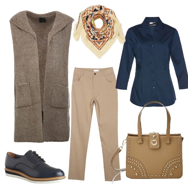 Outfit donna - Blu più beige. Stile Basic per Ufficio. Abbinamento con camicie, borsa beige, pantalone skinny vita alta beige.