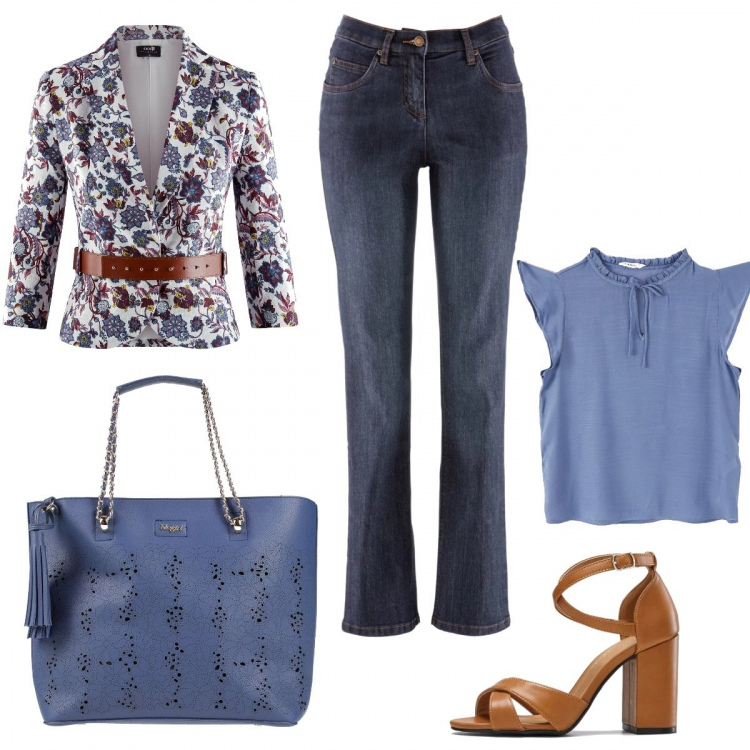 Outfit donna - 0089# voglia di primavera. Stile Basic per Tutti i giorni. Abbinamento con jeans dritti, sandali col tacco, borse a mano, camicie a manica corta, blazer.