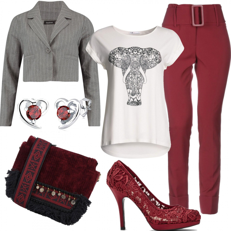 Outfit donna - Glamour. Stile Trendy per Serata fuori. Abbinamento con pantalone lungo, borse a spalla, vestiti lunghi, blazer wrap crop grigio, t-shirt, orecchini.