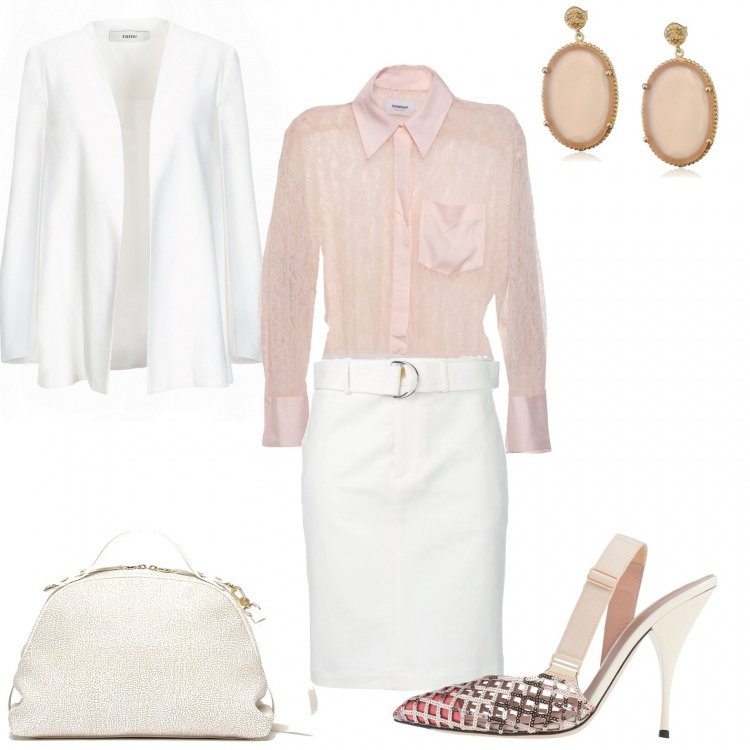 Outfit donna - Ufficio. Stile Bon Ton per Ufficio. Abbinamento con décolleté, giacca, camicie, gonna, borsa a tracolla con stampa e zip con tracolla regolabile rosa e bianco, orecchini.