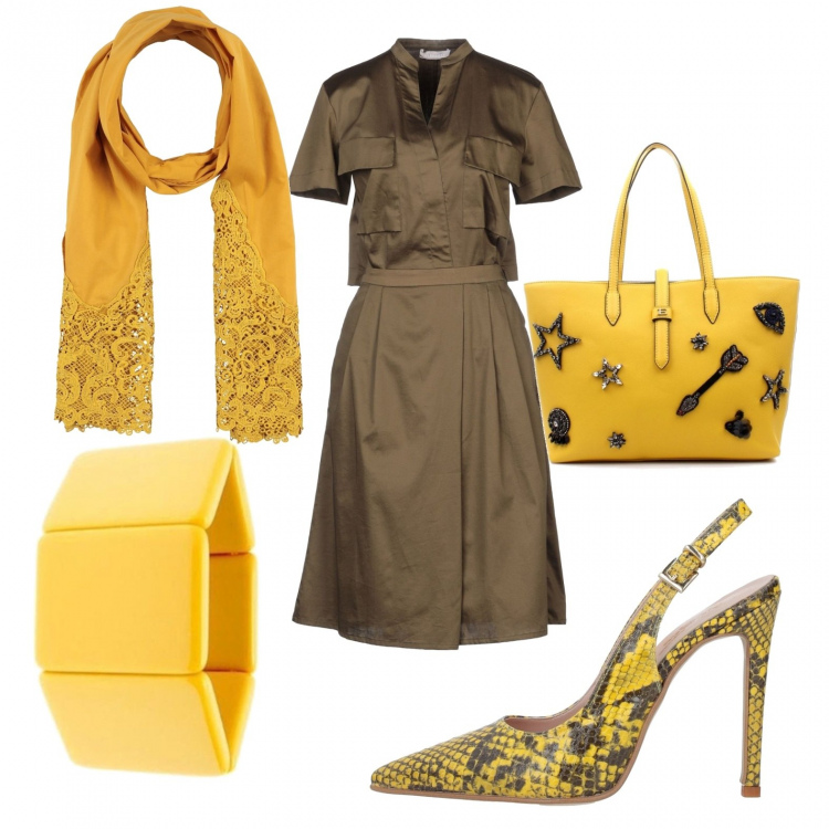 Outfit donna - Viva le curve. Stile Trendy per Ufficio. look ideale per Petite. Abbinamento con vestito longuette/midi, décolleté, scaldacollo, braccialetti, shopping bag.