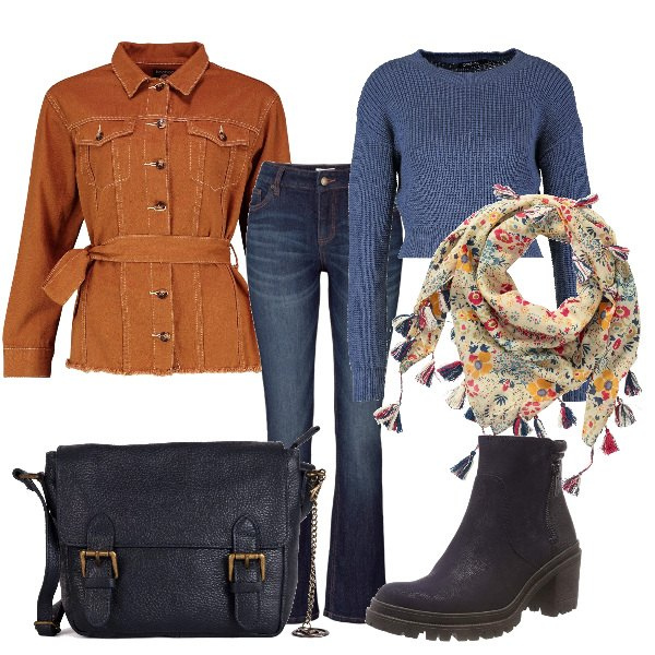Outfit donna - Un tocco boho. Stile Trendy per Tutti i giorni. Abbinamento con jeans bootcut, foulard, maglione crop azzurro, giacca contrasto in denim, stivaletti, borsa a tracolla blu.