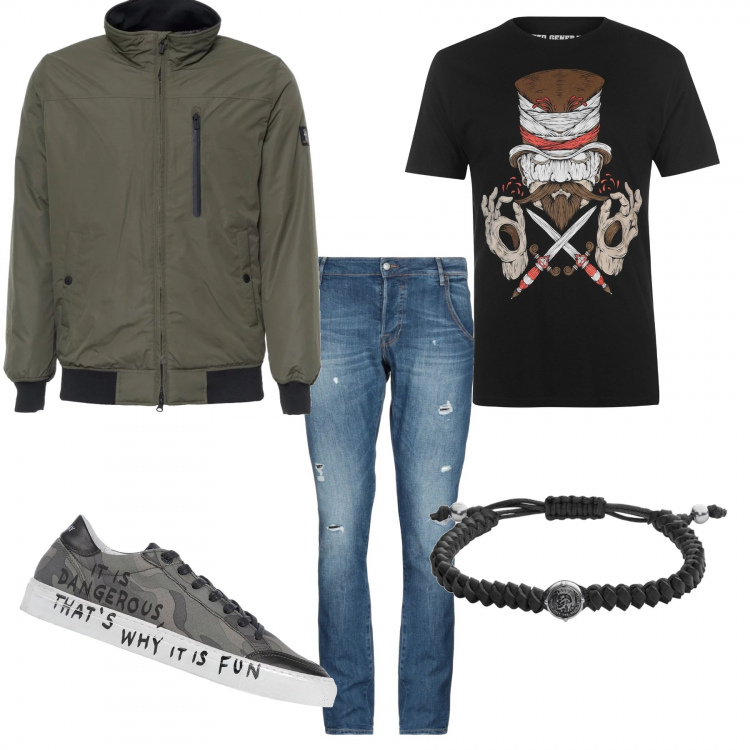 Outfit uomo - Sneakers militare. Stile Casual per Tutti i giorni. Abbinamento con braccialetto, sneakers, jeans delavé tinta unita, t-shirt, giubbotto.