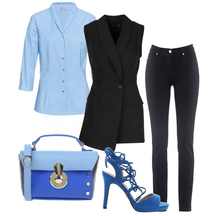 Outfit donna - Jeans e gilet. Stile Chic per Tutti i giorni. Abbinamento con jeans dritti, camicie, borsa a mano, blazer, sandali.
