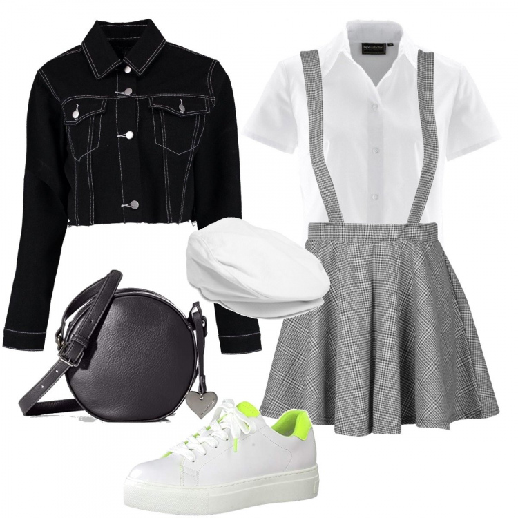 Outfit donna - Trendy la gonna con le bretelle. Stile Trendy per Tutti i giorni. Abbinamento con camicie a manica corta, gonna petite a quadri nero, giubbotto, sneakers, scarpa, cappelli.