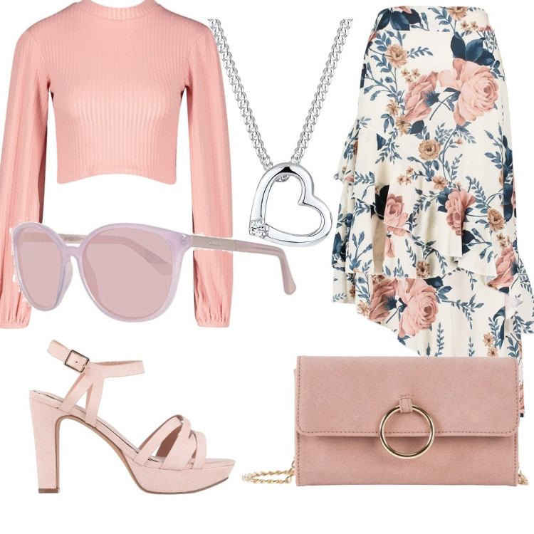 Outfit donna - Rosa confetto. Stile Trendy per Tutti i giorni. Abbinamento con cappotti, sandali con tacco, gonna longuette, top collo alto crop rosa, occhiali da sole rosa, collana.