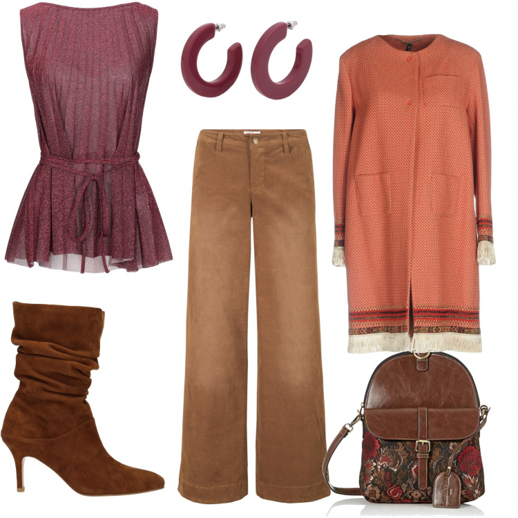 Outfit donna - Marrone e velluto. Stile Etnico per Tutti i giorni. Abbinamento con pantaloni, top, cappotti, orecchini, stivaletti, zaini.