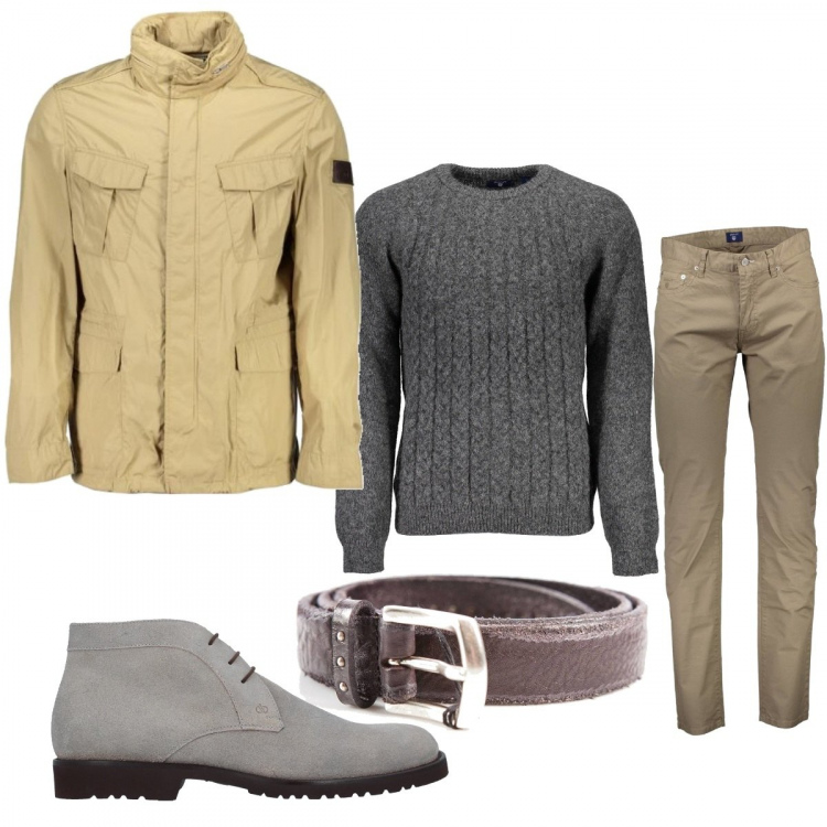 Outfit uomo - Greyge. Stile Casual per Tutti i giorni. Abbinamento con maglioni, pantaloni, cintura, stivaletti, giacca sportiva.