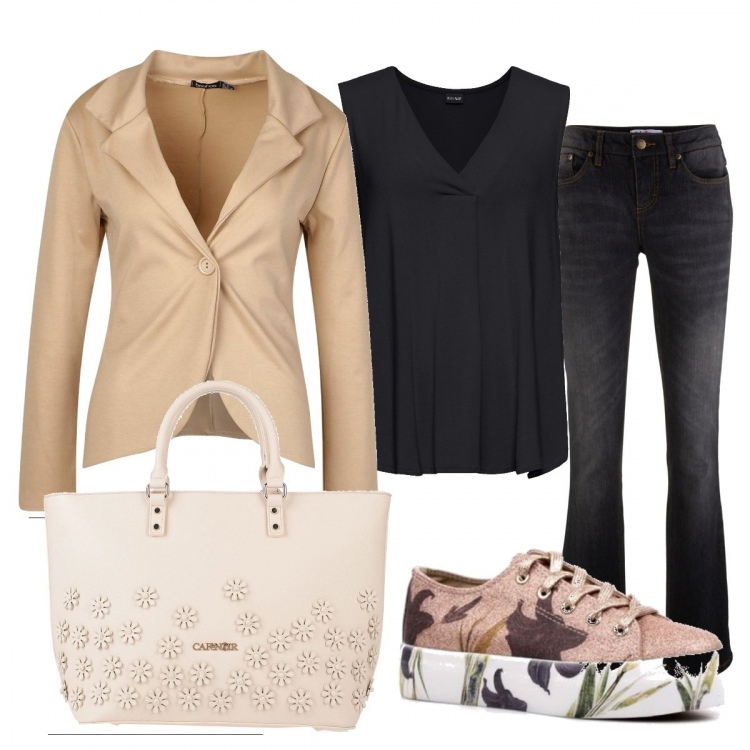 Outfit donna - Basic #13004. Stile Basic per Tutti i giorni. Abbinamento con top, jeans bootcut, borse a mano, blazer, sneakers.