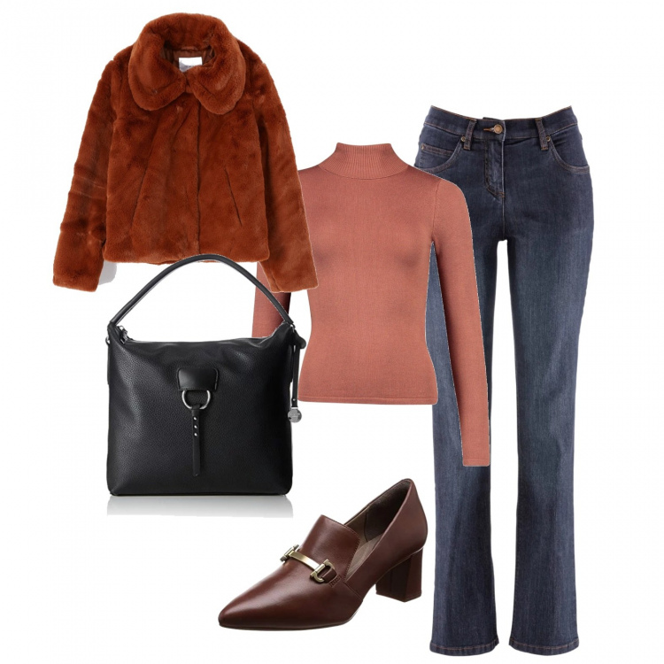 Outfit donna - Total look #470480. Abbinamento con jeans dritti, ecopelliccia collo classico tinta unita, maglione, mocassini, borse a mano.