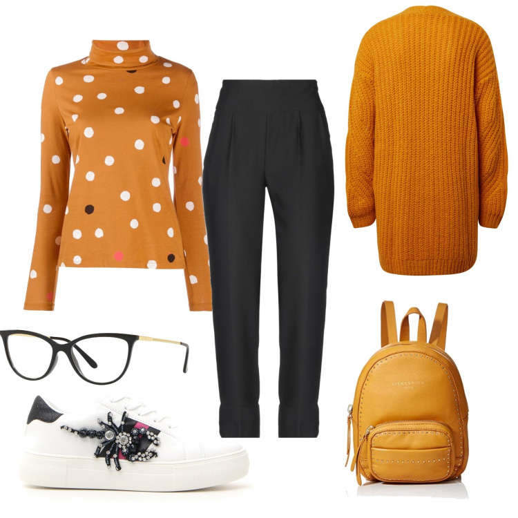 Outfit donna - Oggi studio in biblioteca. Stile Trendy per Scuola/Università. Abbinamento con pantalone lungo, occhiali, maglione, sneakers, maglione, zaino.