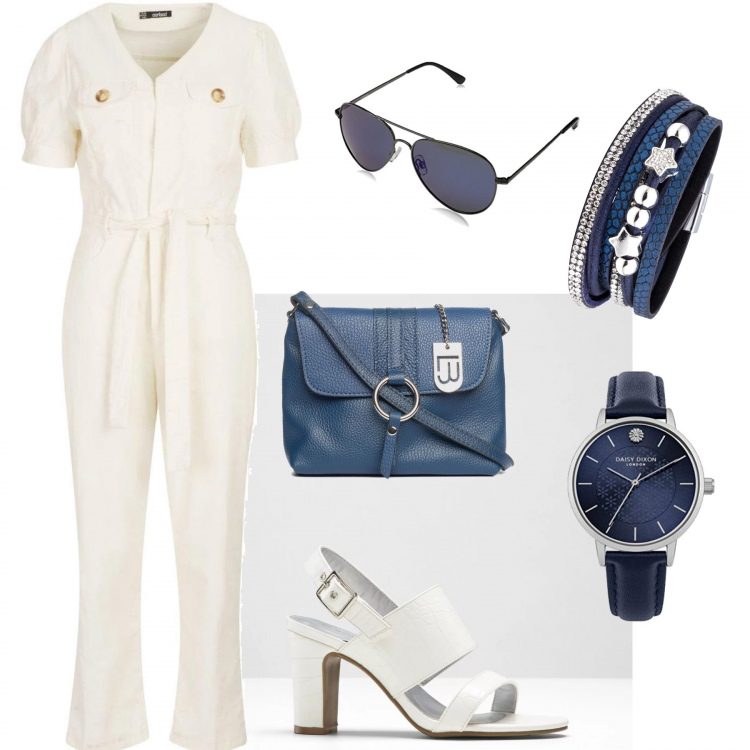 Outfit donna - Bianco e blu. Stile Trendy per Tutti i giorni. Abbinamento con sandali, braccialetti, tuta in velluto, borsa a tracolla con zip blu, occhiali da sole, orologi analogici.