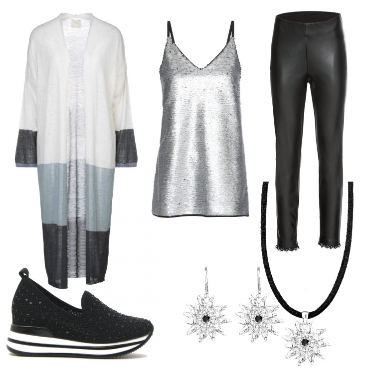 Outfit donna - Quasi elegante. Stile Trendy per Tutti i giorni. Abbinamento con top, treggings, cardigan, sneakers.