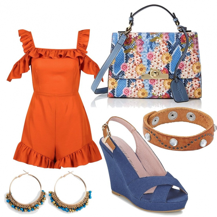 Outfit donna - Immaginando l\'estate !!. Stile Trendy per Tutti i giorni. Abbinamento con orecchini, tuta corta, sandali, borse a secchiello, braccialetti.