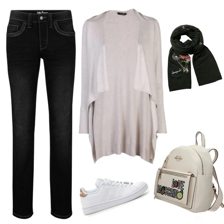 Outfit donna - Un giorno a scuola. Stile Basic per Scuola/Università. Abbinamento con jeans dritti, zaino, cardigan, sneakers, sciarpa.
