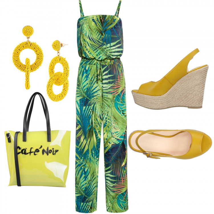 Outfit donna - Jumpsuit delle foreste. Stile Trendy per Tutti i giorni. Abbinamento con tute, maglieria, sandali, borse a mano.