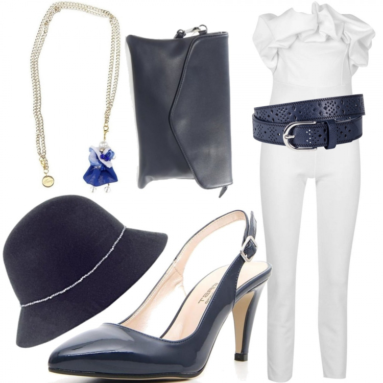 Outfit donna - A passeggio sul lago. Stile Bon Ton per Tutti i giorni. Abbinamento con cinture, tute, décolleté, ciondoli, pochette, cappelli.