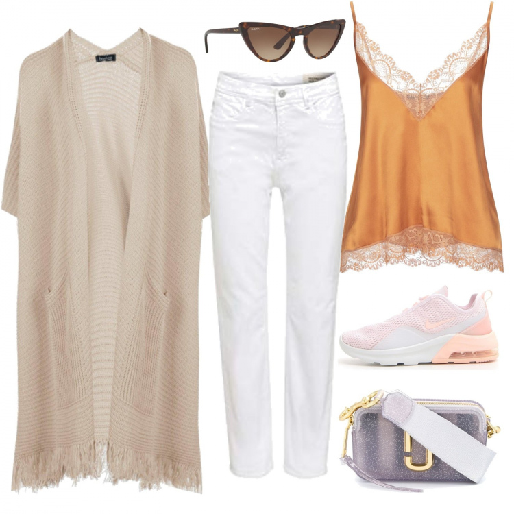 Outfit donna - Ready for spring. Stile Urban per Tutti i giorni. Abbinamento con top, occhiali da sole, cardigan, borse a tracolla, sneakers, jeans.