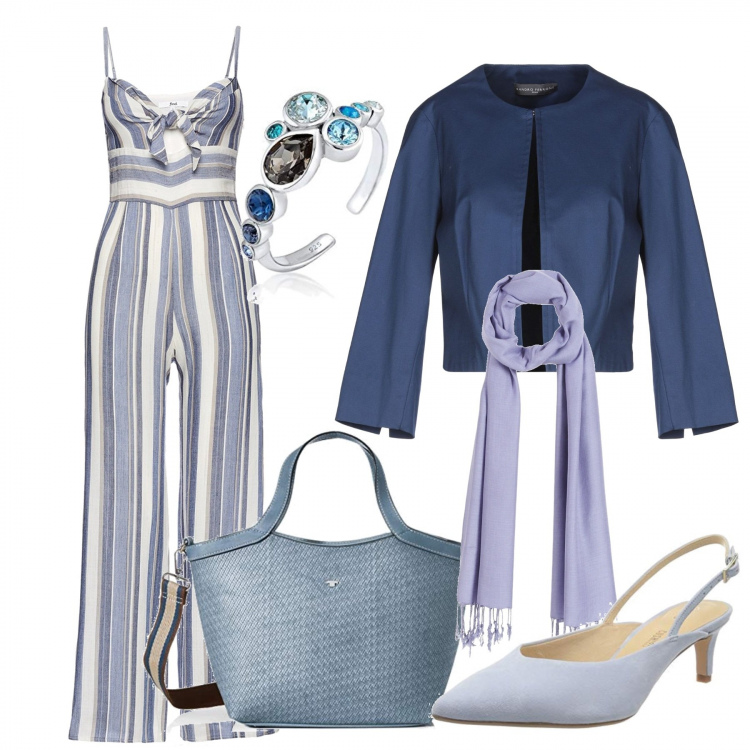 Outfit donna - Passeggiata lungo mare. Stile Chic per Mare. Abbinamento con giacca, sciarpe, tuta, borse tote, scarpe col tacco, anello.