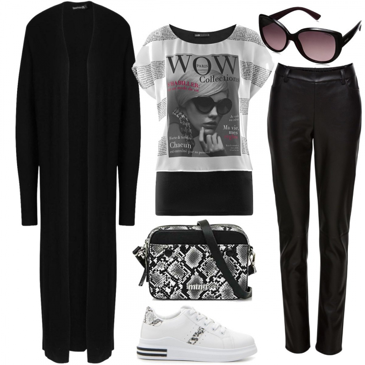 Outfit donna - Maxi cardigan e sneakers. Stile Basic per Tutti i giorni. Abbinamento con pantaloni, cardigan petite maxi nero, sneakers, camicia, borse a tracolla, occhiali da sole.