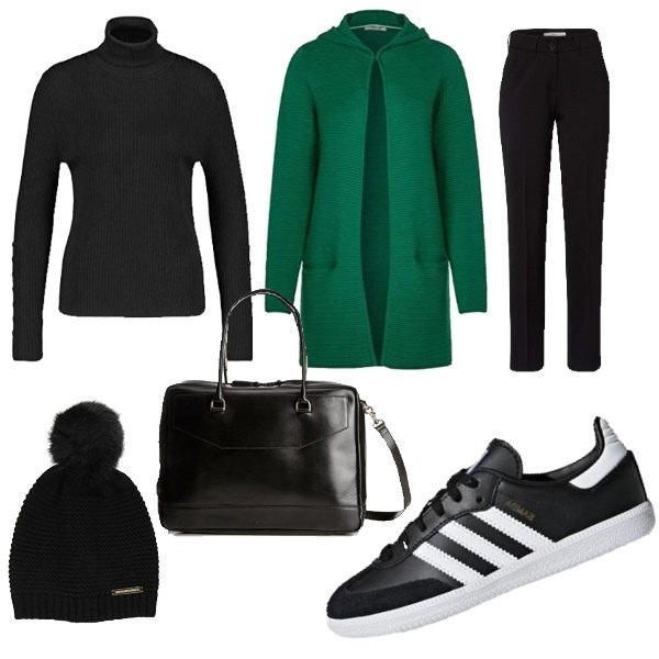 Outfit mujer - Maxi cardigan con sneakers. Estilo Trendy Combinación con maglioncino verde, pantalone nero, bandoleras, maglioncino nero, cappello beanie nero, sneakers.