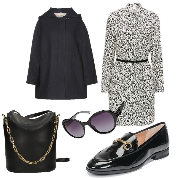 Outfit mujer - Mocasines tendencia. Estilo Trendy para Todos los días. Combinación con vestidos camiseros, gafas de sol, scarpe stringate, borsa a tracolla, cappotto.