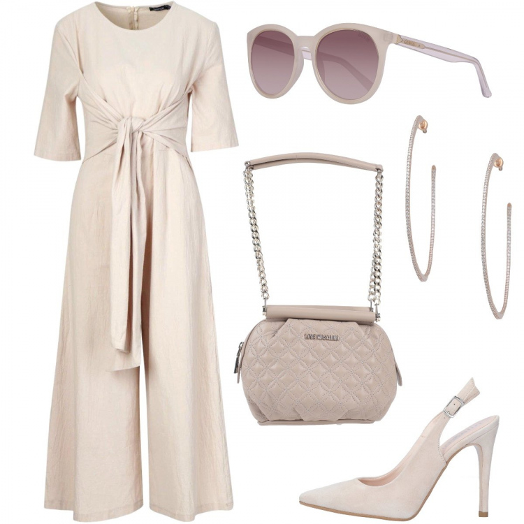 Outfit donna - Cerimonia in beige. Stile Chic per Cerimonia. Abbinamento con décolleté, borse a mano, orecchini, slip, occhiali da sole.