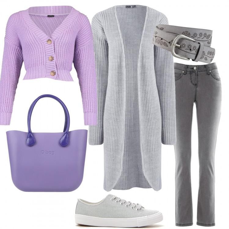Outfit donna - Maxi cardigan e sneakers. Stile Basic per Scuola/Università. Abbinamento con jeans slim fit, cinture, borse a mano, cardigans, cardigan in in maglia, sneakers.