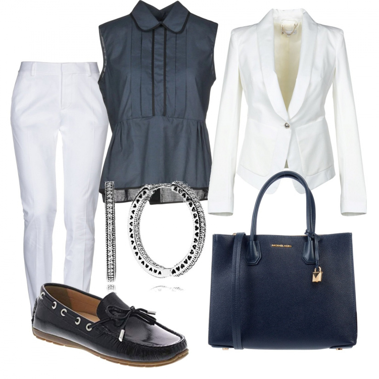 Outfit donna - Bon Ton #5863. Stile Bon Ton per Serata fuori. Abbinamento con top, blazer, borse a mano, pantalone lungo, orecchini, mocassini.