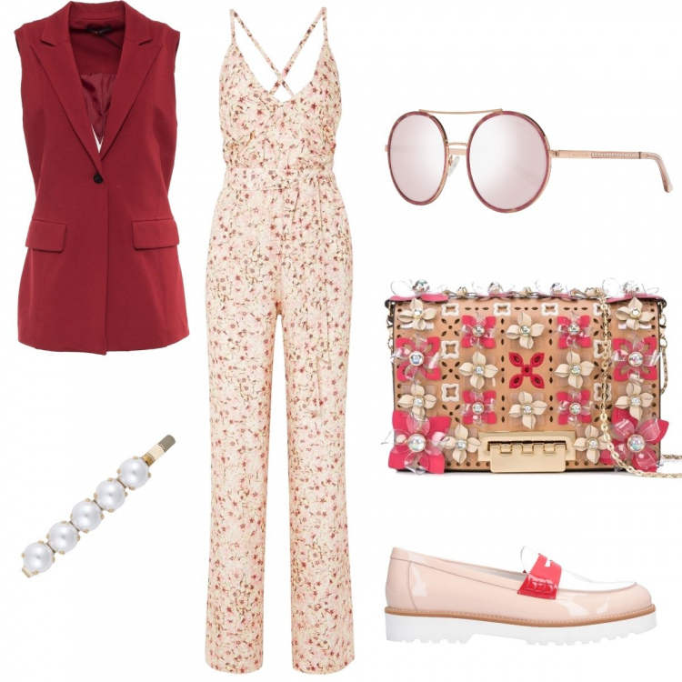 Outfit donna - Una gita fuori porta. Stile Bon Ton per Tutti i giorni. Abbinamento con mocassini, tute, accessori per capelli, borse a spalla, occhiali da sole, gilet.