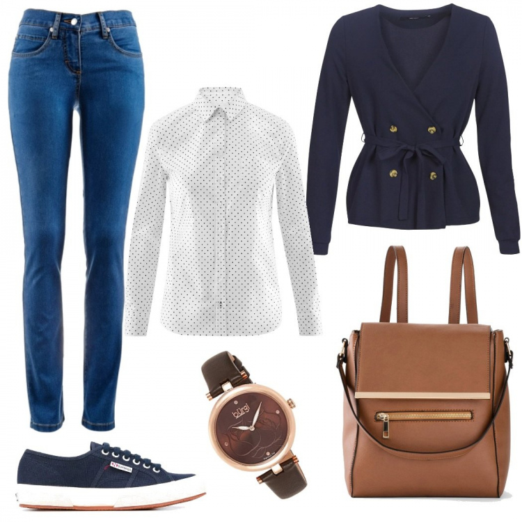 Outfit donna - Martedì al lavoro. Stile Basic per Tutti i giorni. Abbinamento con jeans dritti, zaini, blazer, sneakers, orologio, camicie.