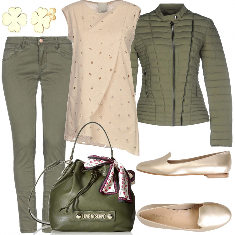 Outfit donna - I mocassini dorati. Stile Urban per Tutti i giorni. Abbinamento con t-shirt, mocassini, giubbotto, pantaloni, borse a tracolla, orecchini.