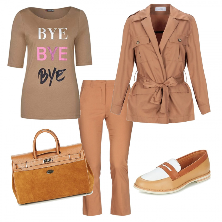 Outfit mujer - Trendy #13265. Estilo Trendy para Oficina. Combinación con camiseta, scarpe stringate, borsa a mano, pantalones chino, blazers.