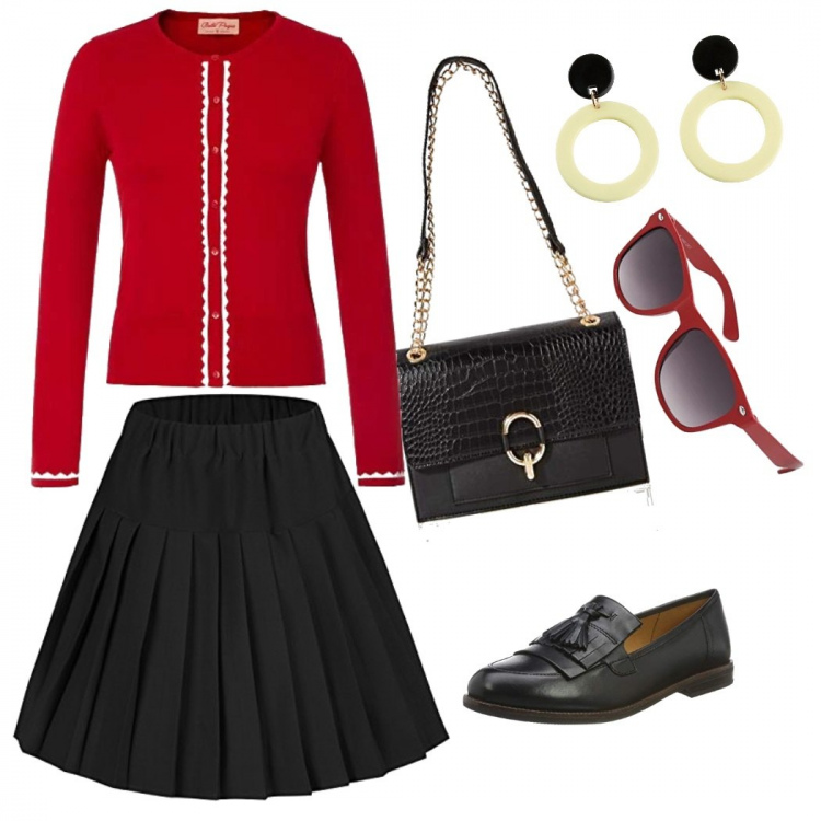 Outfit femme - En Rouge et Noir Chic. Style Bon Ton Assortir avec chemisiers, pulls et cardigans, minijupes, mocassins et chaussures à lacets, sacs à bandoulière et portés à l'épaule.