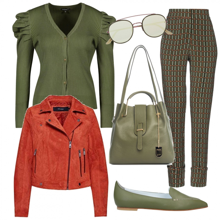 Outfit donna - I mocassini verde oliva. Stile Trendy per Tutti i giorni. Abbinamento con pantalone lungo, mocassini, occhiali da sole, cardigan, borsa a tracolla verde, blazer.