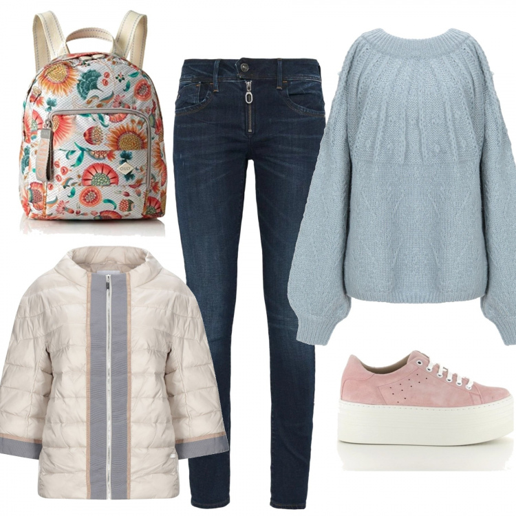 Outfit mujer - Oversize. Estilo Basic para Todos los días. Combinación con borsa a mano, vaqueros pitillo, sneakers rosa, giubbino nero, jerséis.