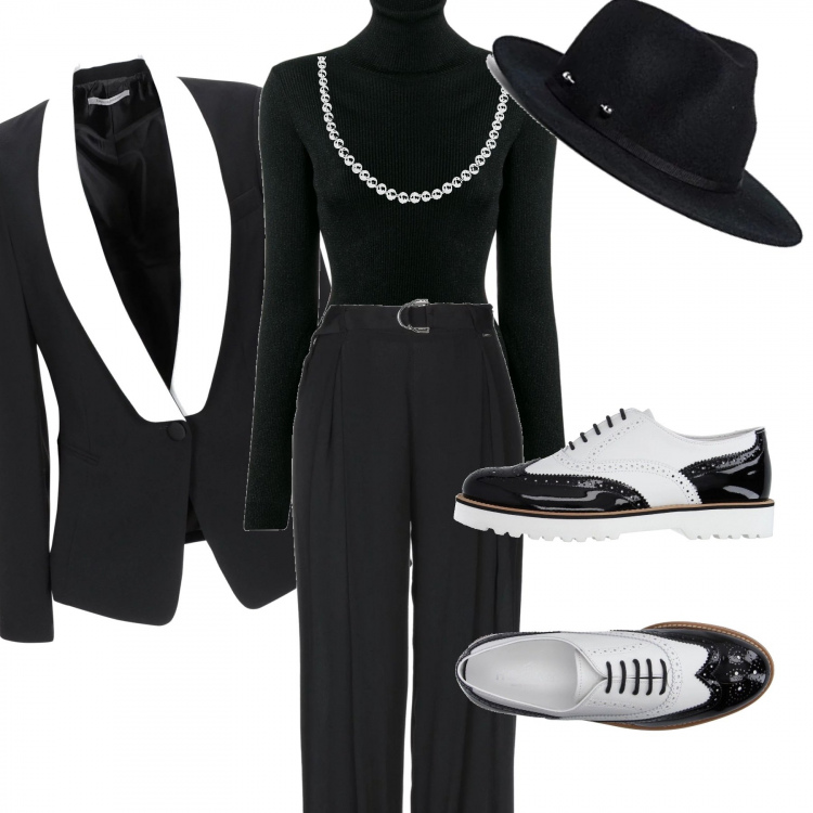 Outfit donna - Mocassino bicolore. Stile Trendy per Serata fuori. Abbinamento con scarpe stringate, blazer, pantalone crêpe, maglione, collana con perle girocollo in argento 925 argento, cappello.