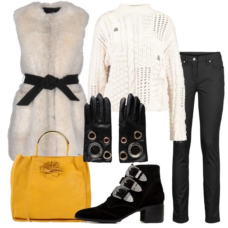 Outfit donna - Gilet in pelliccia ecologica. Stile Trendy per Tutti i giorni. Abbinamento con jeans, borsa a mano taglia media con zip tinta unita.