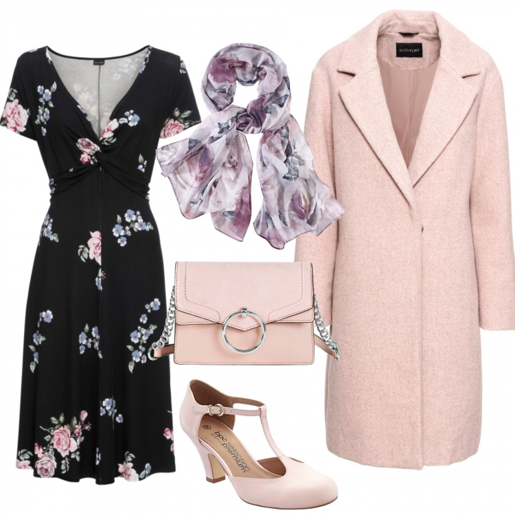 Outfit donna - Romantici fiori. Stile Bon Ton per Tutti i giorni. Abbinamento con vestiti lunghi, maglieria, décolleté, foulard, borse a tracolla.